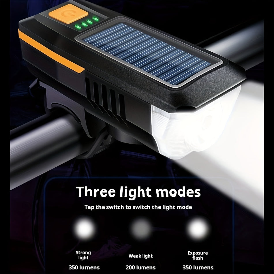 Solar angetriebenes Fahrradhornlicht - T6 350/200 Lumen, USB -wiederaufladbare, hochdezibele Horn, Mehrfachlichtmodi - Zypern