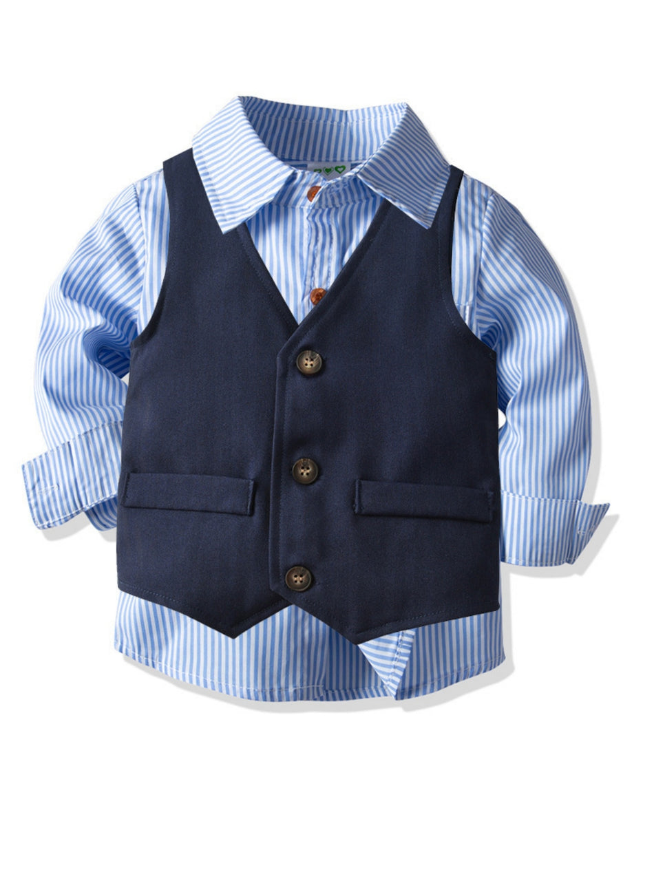 Boys Gentleman Suit Set, Striped Cotton Long Sleeve Shirt With Bow Tie, Waistcoat & Long Pants, Party Birthday Pageboy Outfit, Formal Attire