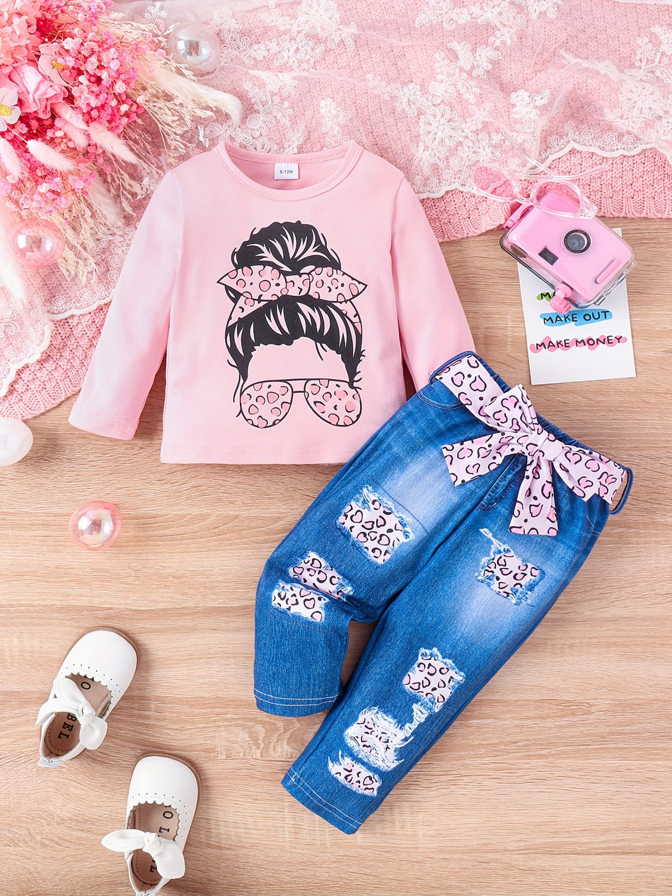 Infant Toddler Girls Long Sleeve Cartoon Girl Head Print Cute Top + Faux Jeans With Belt 3pcs Set