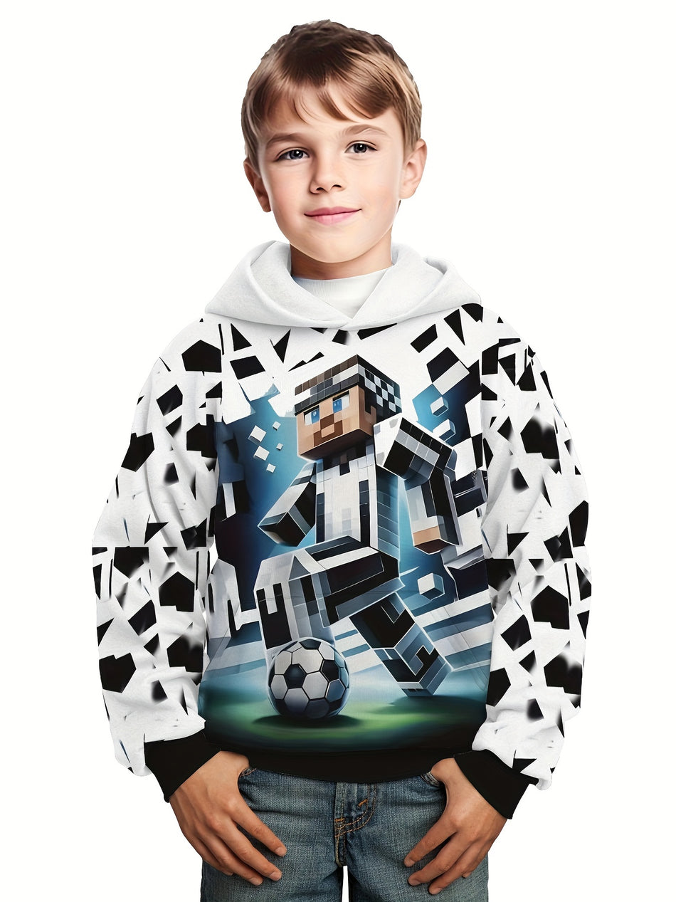 Cartoon Blocks Football Player 3D Print Boys Casual Long Sleeve Hoodies, Boys Sweatshirt For Spring Fall, Boys Hoodie Tops Outdoor