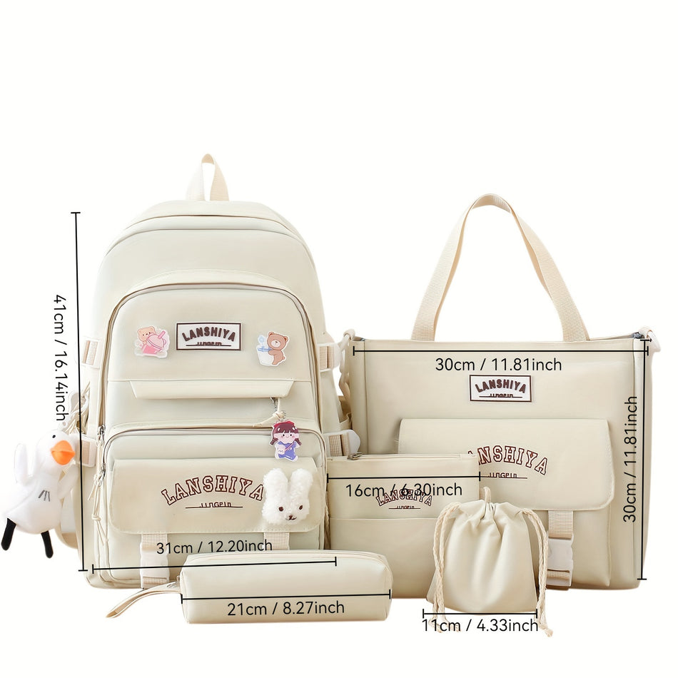 5pcs Backpack Set, Large Capacity, Fashionable Canvas Design - Cyprus