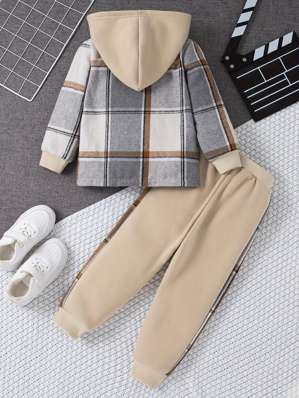 2-piece Boys Casual Warm Co Ord Set, Versatile Plaid Hoodie With Front Pocket And Jogger Pants, Comfy Winter Fall Clothes