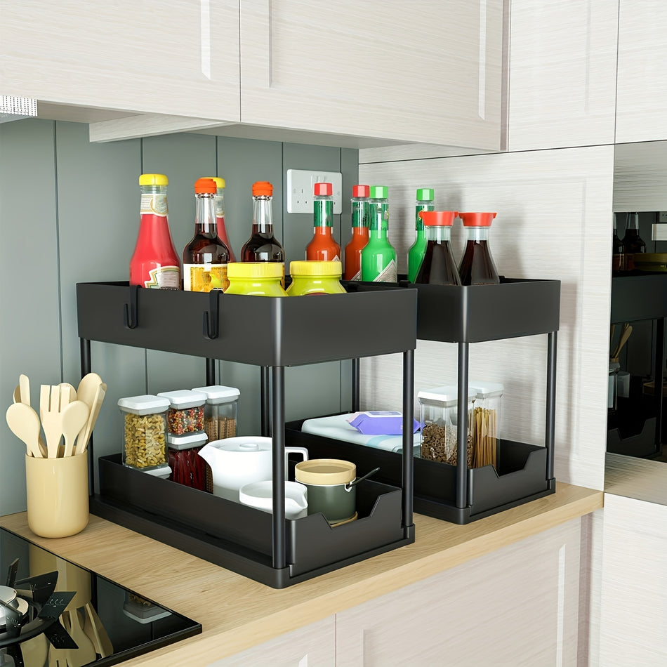 2-Tier Sliding Under Sink Storage Rack with Hooks