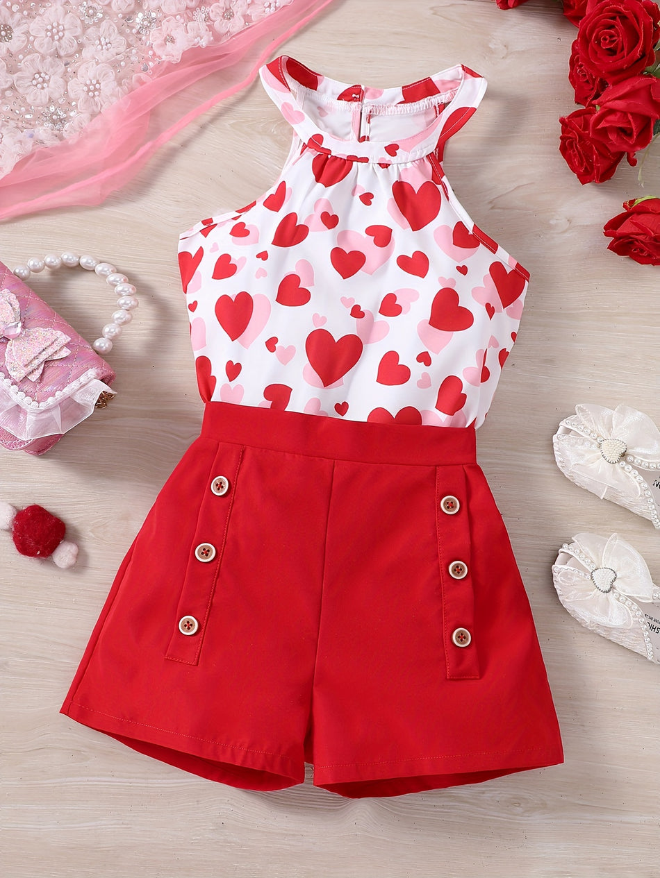 Girls Heart Graphic Sleeveless Top + Button Decor Shorts Set - Summer Valentine's Day Gift - Cyprus