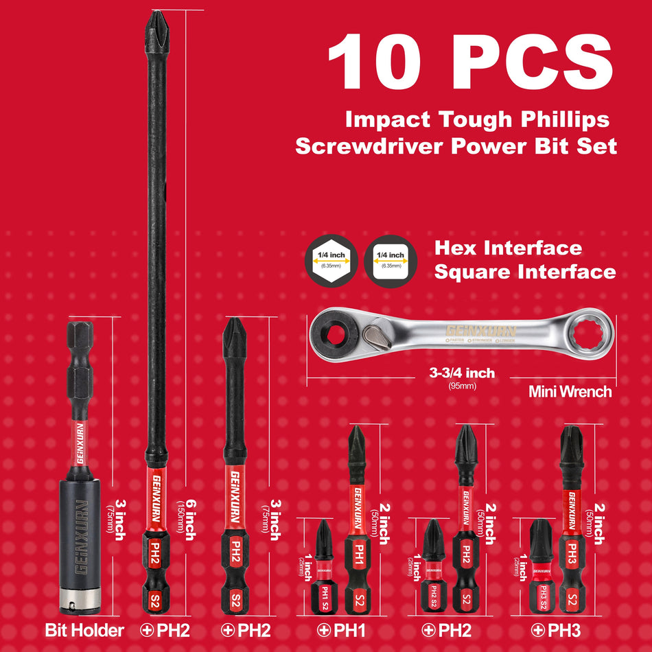 Geinxurn Phillips Impact Tough ScreverDriver Bit Set - Ph1, Ph2, Ph3, 30x länger