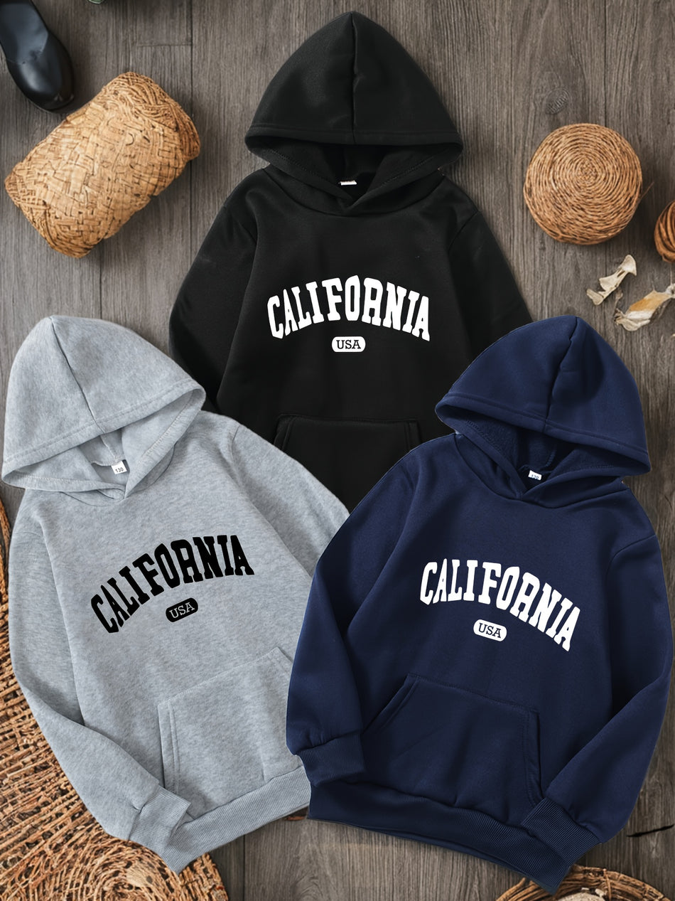 3pcs Cool Casual Boy's Hoodies - 'CALIFORNIA USA' Print Long Sleeve Hooded Sweatshirt - Outdoor Sports Pullover For All Season As Gift