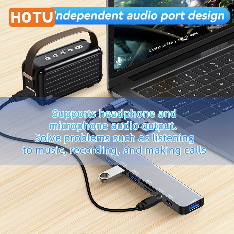 Hotu 8 -in -1 USB C Hub Adapter - Multiport с Splitter, чтением карт, быстрая зарядка PD 87W для ноутбуков и устройств - Кипр