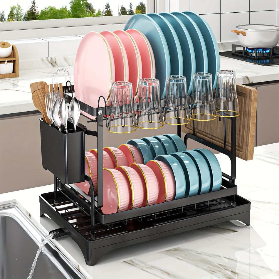 Large Capacity Multifunctional Dish Drying Rack with Cup and Cutlery Holders