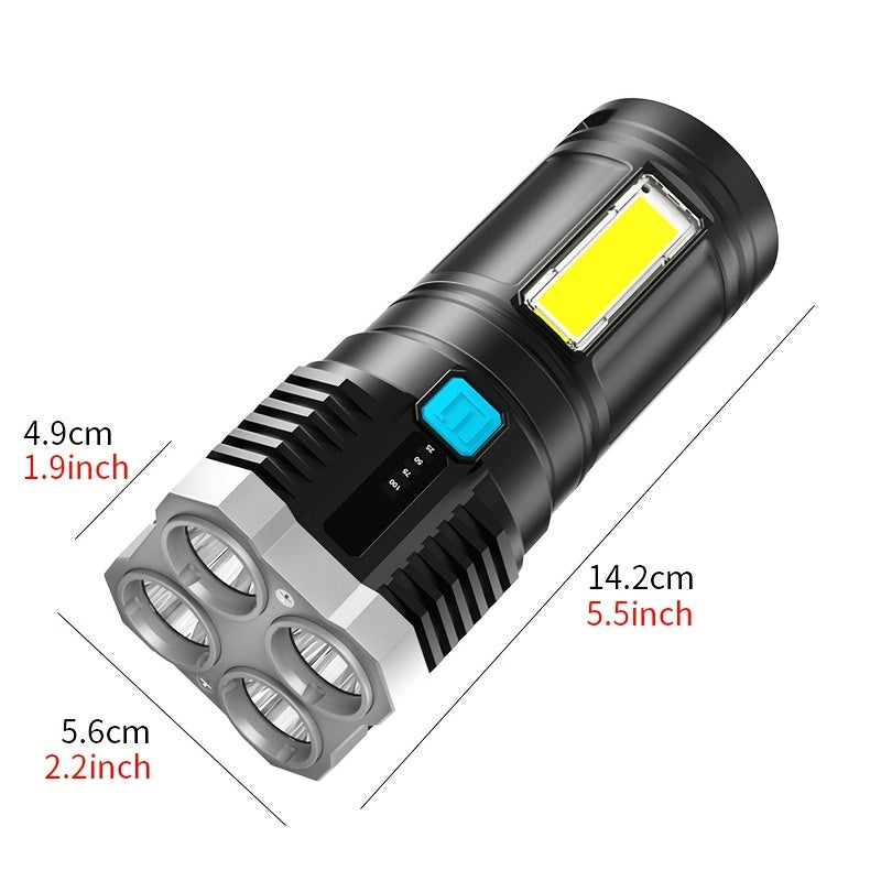 Powerful 4 LED Flashlight With COB Side Light, USB Rechargeable Torch - Cyprus