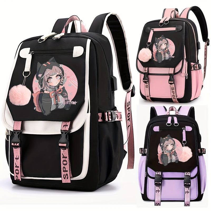 Anime Print Nylon USB Charging Backpack - Cyprus