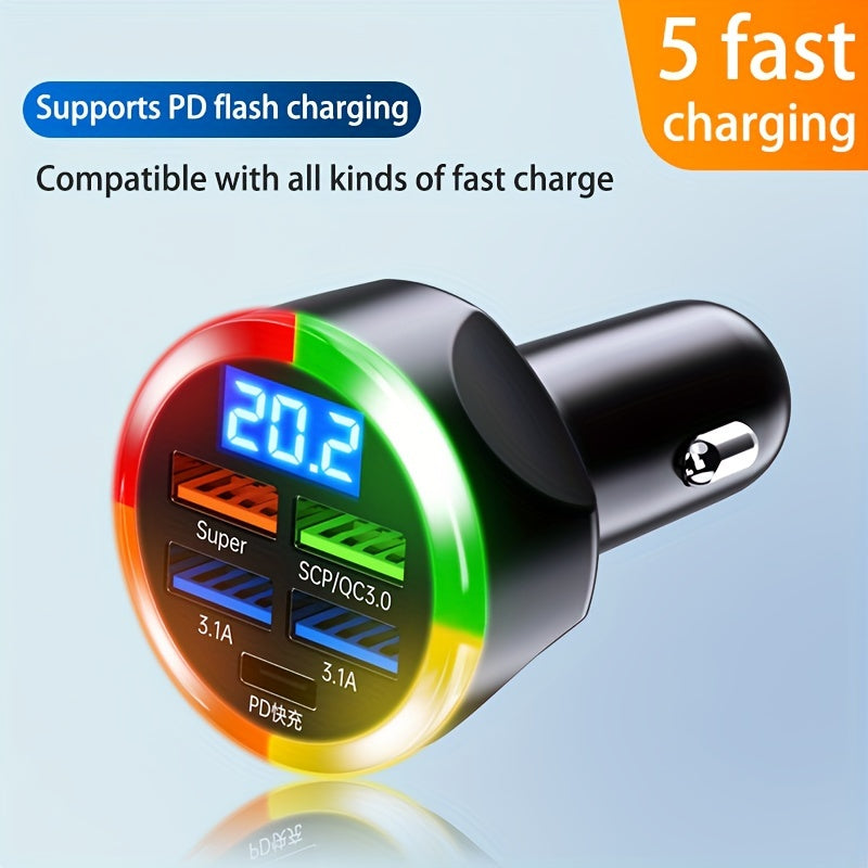 5-Port Car Charger with Voltmeter and Colour Atmosphere Light - Fast PD20W Charging - Cyprus