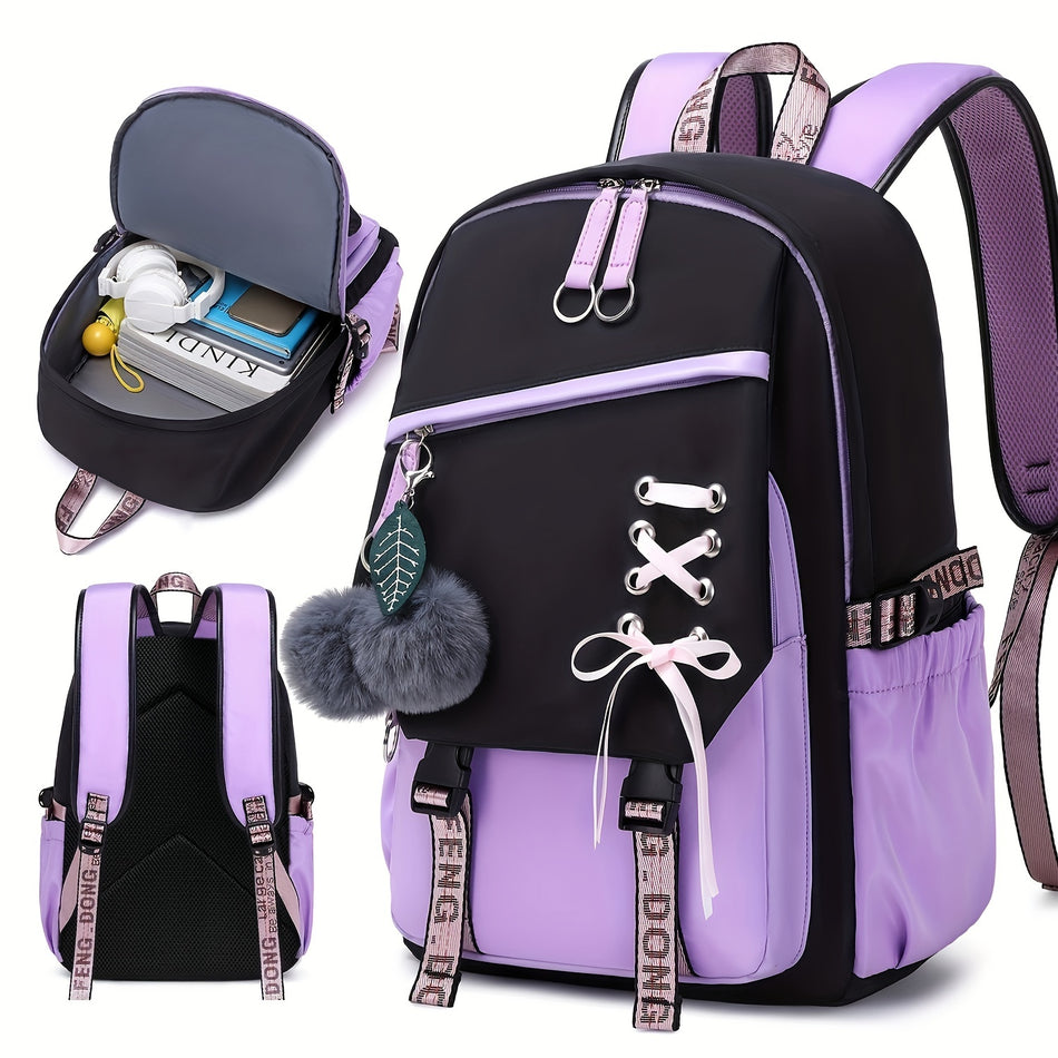 Fashionable Girl School Backpack with Plush Ball Detailing - Cyprus