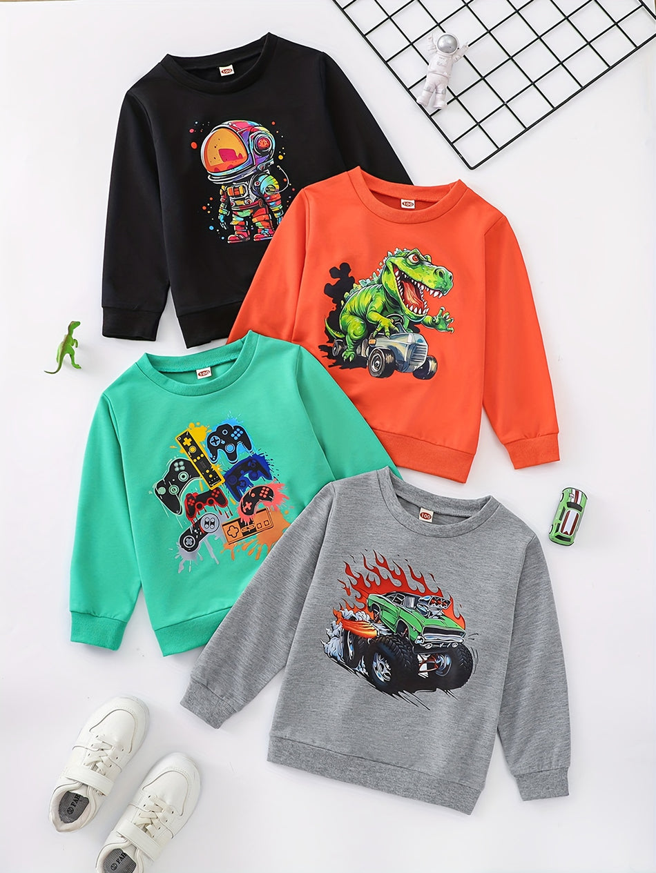 4PCS Boy's Cartoon Dino & Gamepad & Astronaut & Truck Print Whothirt, круглое шею удобно повседневное пуловер на весеннюю осень