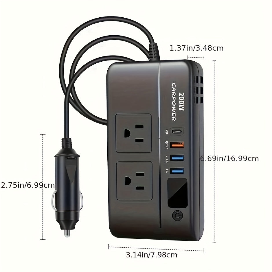 200W High Power Car Inverter - 3 USB, 1 Type-C, DC 12V to 110V AC Converter, with Switch, LED Screen and Car Plug - Perfect for Cars, SUVs, Trucks and Road Trips - Cyprus