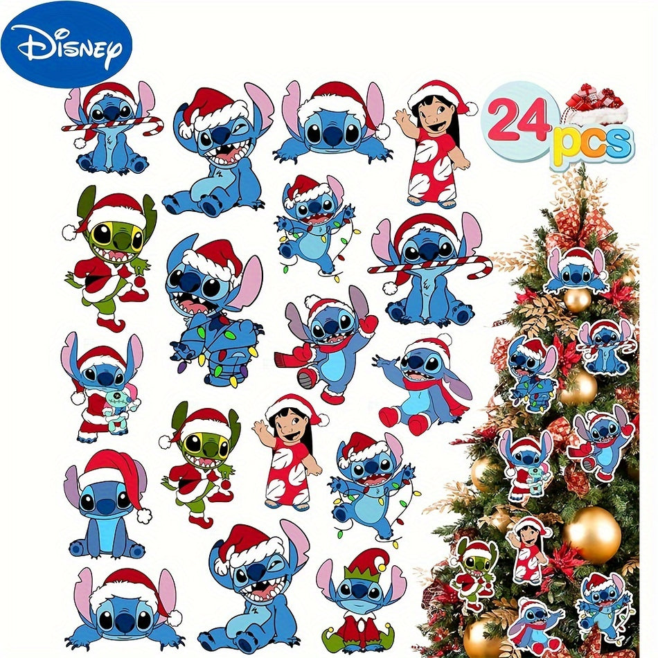 Stitch Noel Ağacı Ahşap Dekorasyonlar - 24 PCS 2D Düz Karikatür Seti Asma Süsler - Kıbrıs