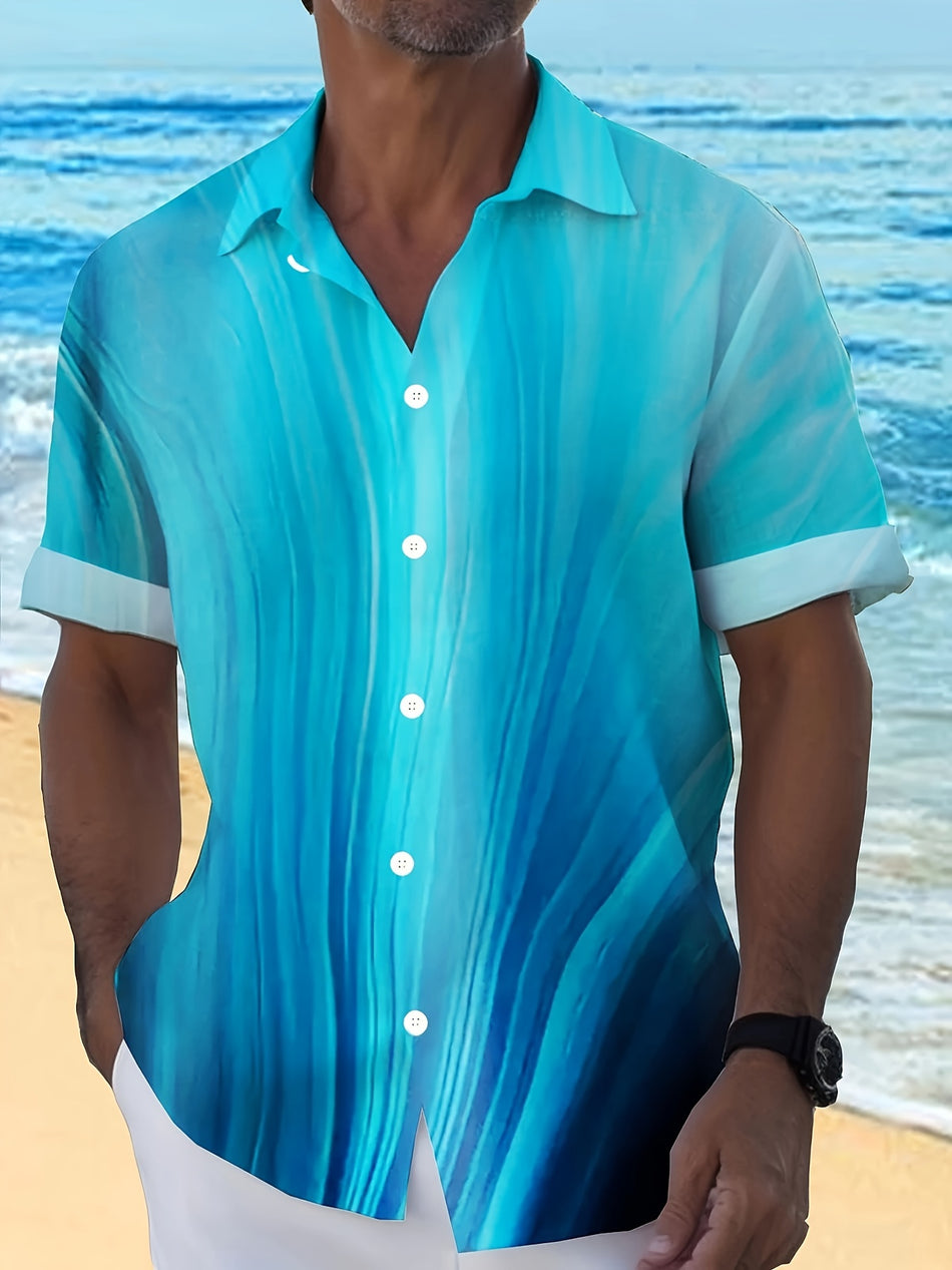 Blue Ombre Stripes Short Sleeve Lapel Shirt - Cyprus