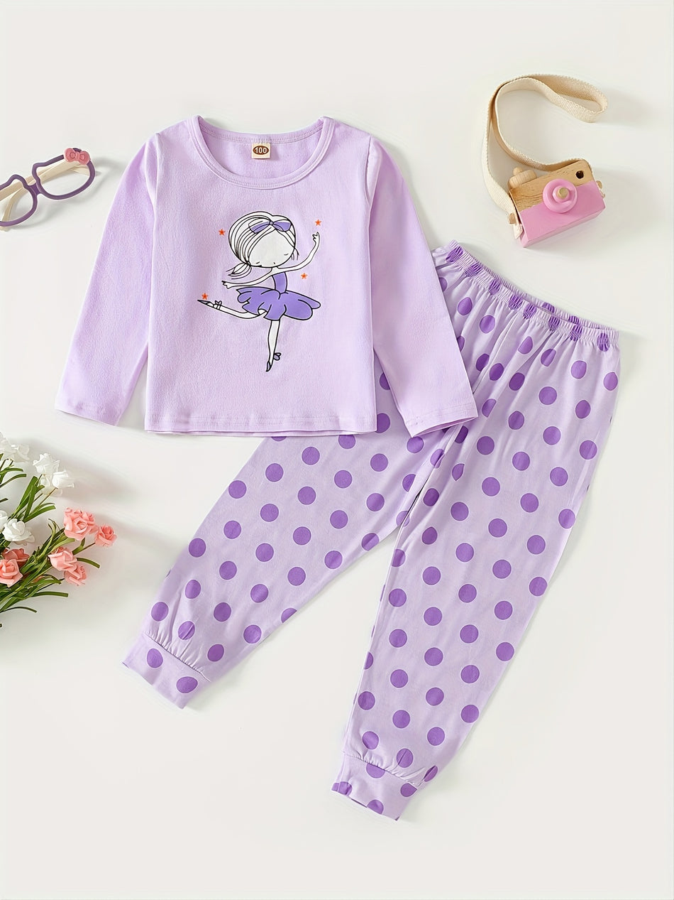 Chic Girls 'Ballet Dancer Print Top & Polka Dot Jogger Set - Τονικό πλεκτό ύφασμα, πλυντήριο μηχανής - Ιδανικό για ηλικίες 12 & κάτω από χορευτικά ρούχα για τις γυναίκες