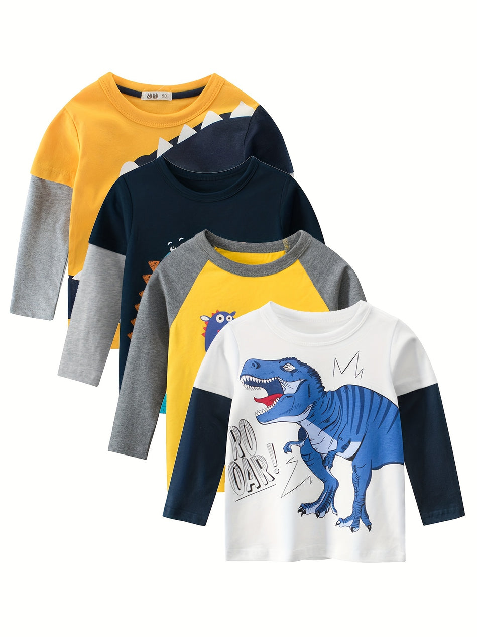 4pcs Cartoon Dinosaur Print Boys Удобные универсальные футболки с длинным рукавом