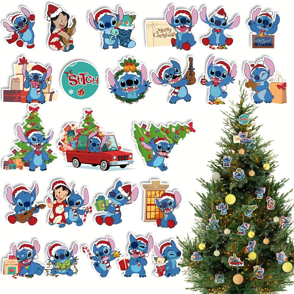 Stitch Noel Ağacı Ahşap Dekorasyonlar - 24 PCS 2D Düz Karikatür Seti Asma Süsler - Kıbrıs