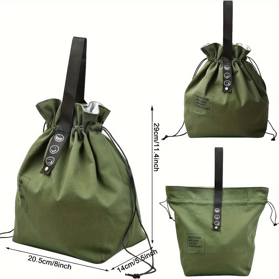 Insulated Canvas Lunch Bag with Drawstring Closure - Hand Washable Food Tote