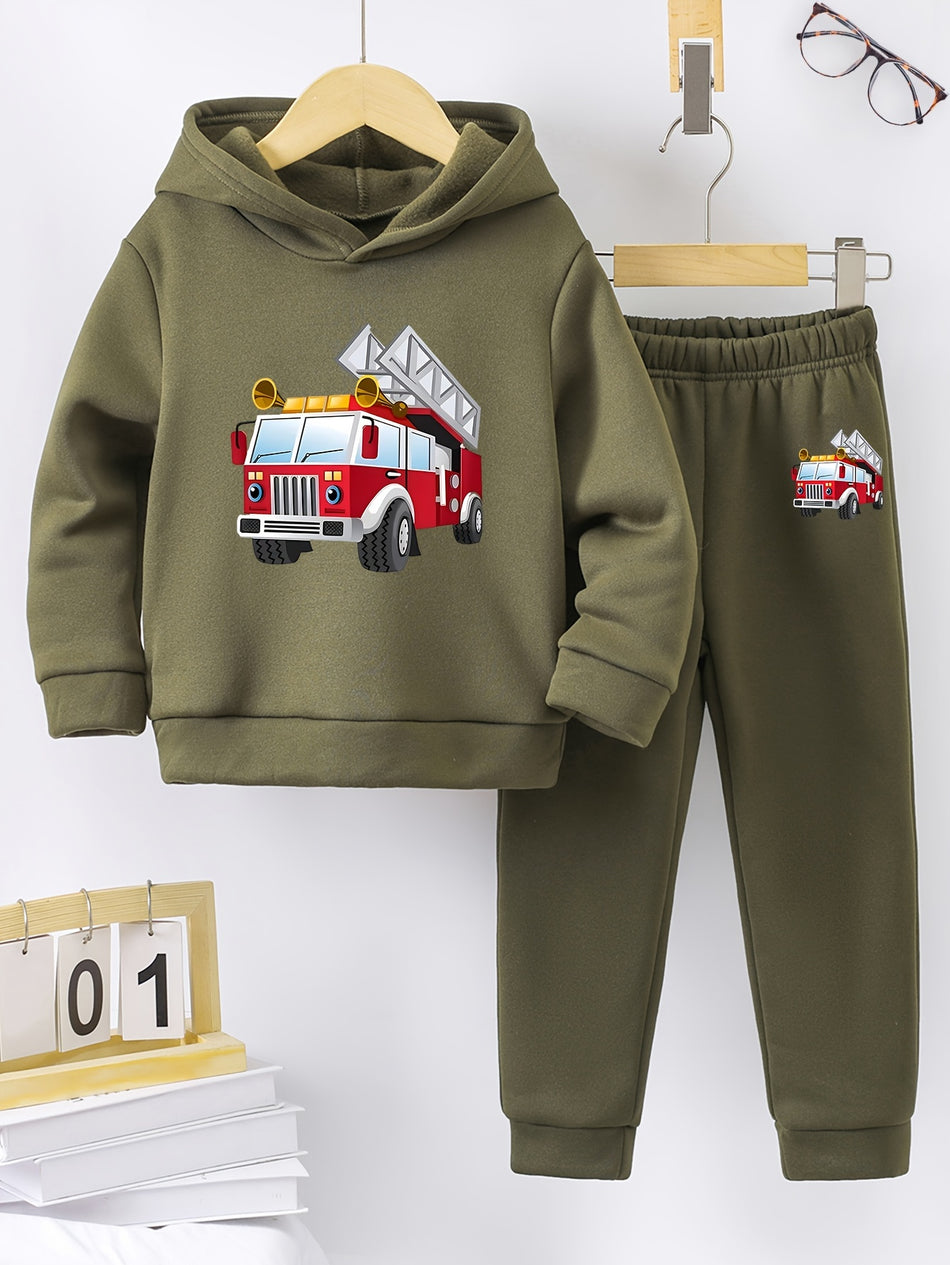 Boys' Cozy Fleece-Lined Hoodie & Joggers Set With Cool Car Print - Perfect For Fall/Winter, Machine Washable