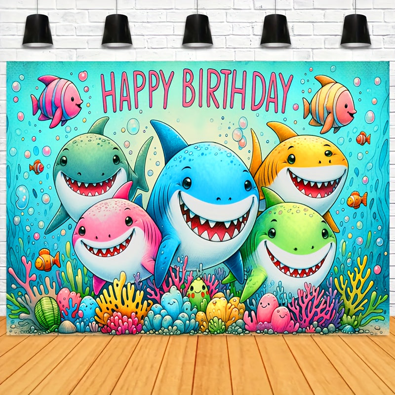 🔵 Баннер на день рождения акулы - Знак с днем ​​рождения с разноцветными акулами 🦈 - 180.34x111.76cm - Многоцелевое украшение / Кипр