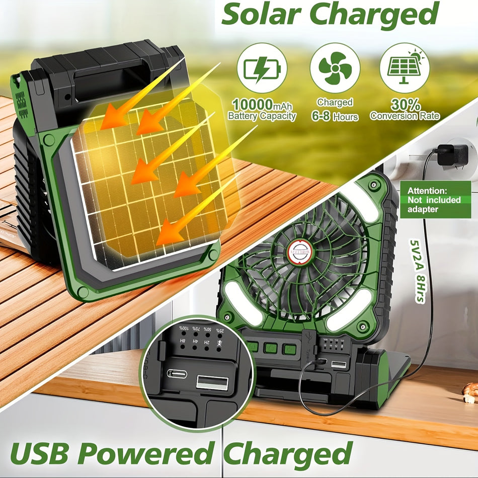 Solar Powered Camping Fan with LED Lantern, 4 Speeds, Power Bank - Cyprus