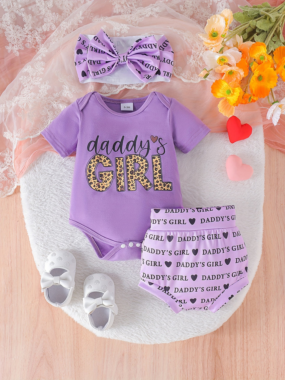 2pcs Baby Girl's Letter Leopard Print Short Sleeve Triangle Romper + Shorts With Headband Set