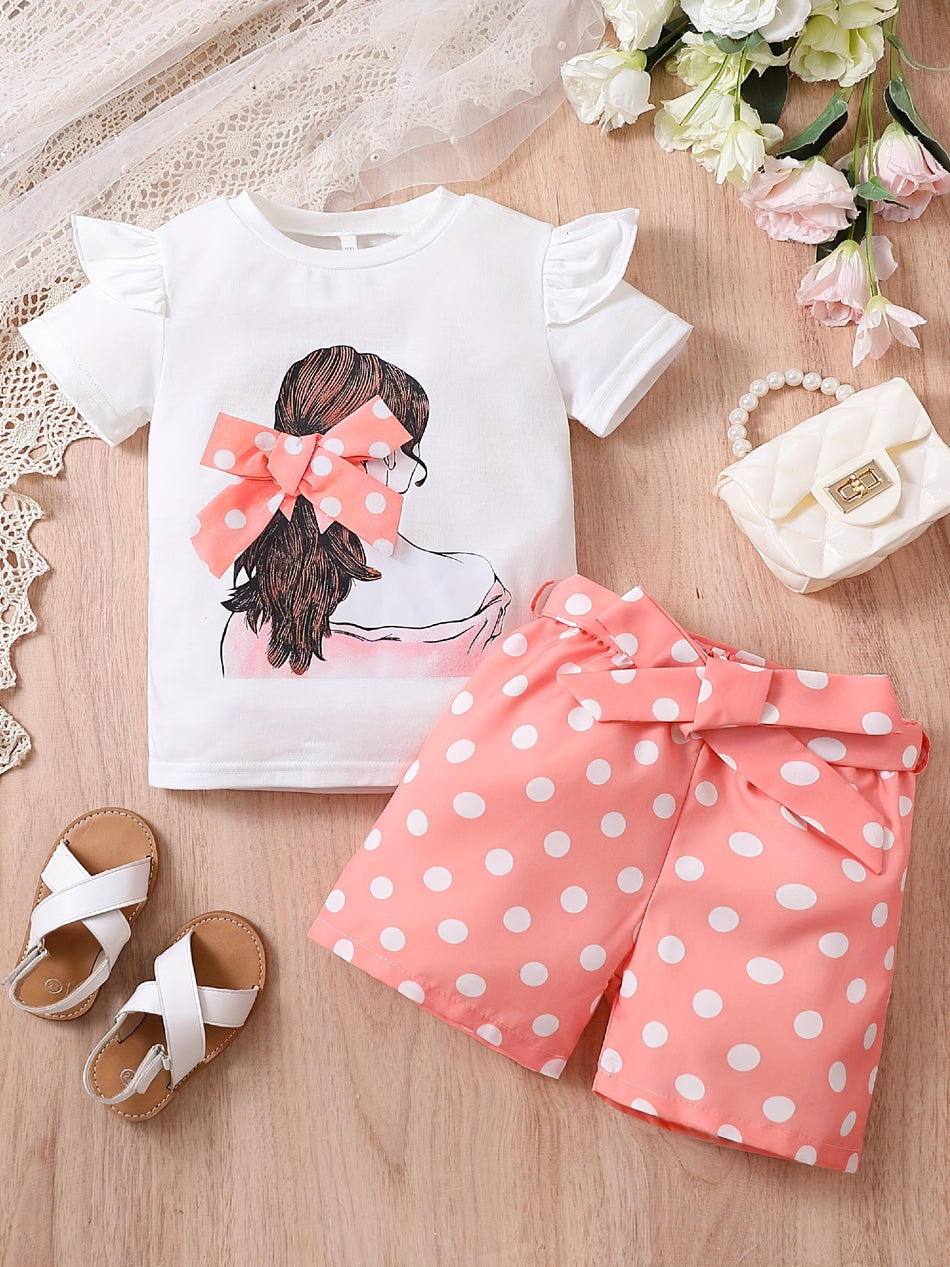 Κορίτσια τόξο σχήμα γραφικό ruffle trim t -shirt & polka dot belted σορτς σετ - Κύπρο