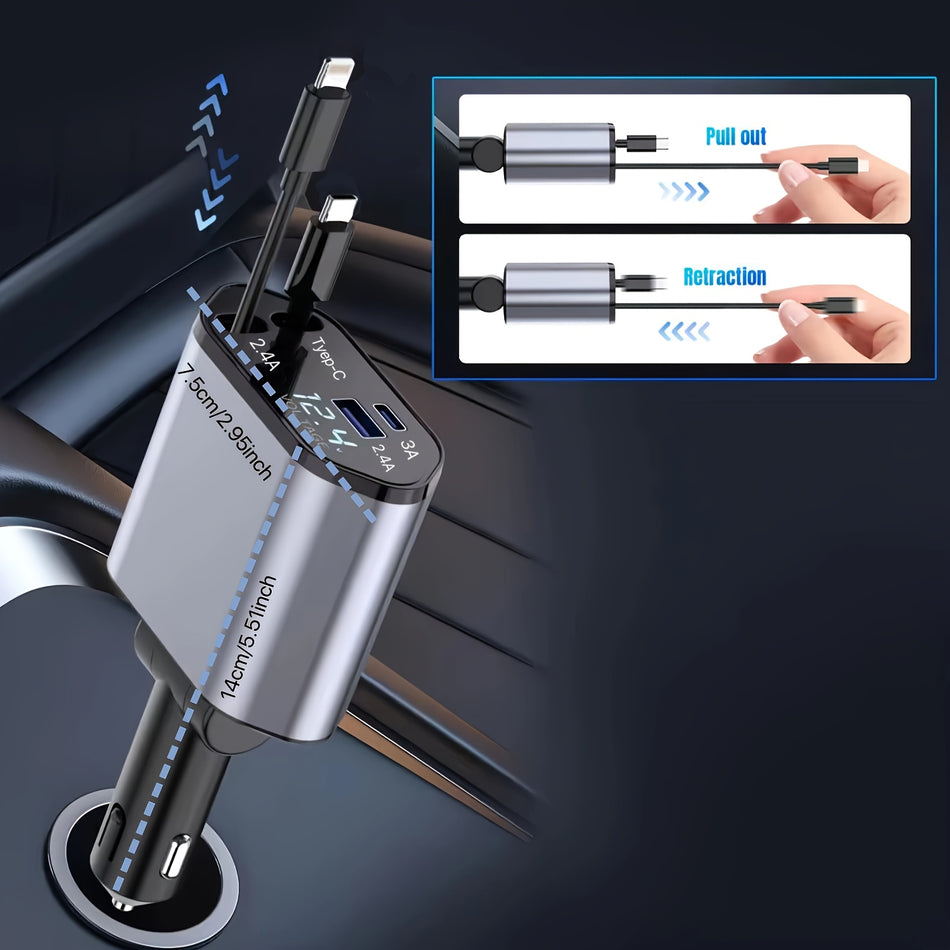 4-in-1 120W ein einziehbares Auto-Ladegerät mit einstellbarer Richtung und schnellem Laden