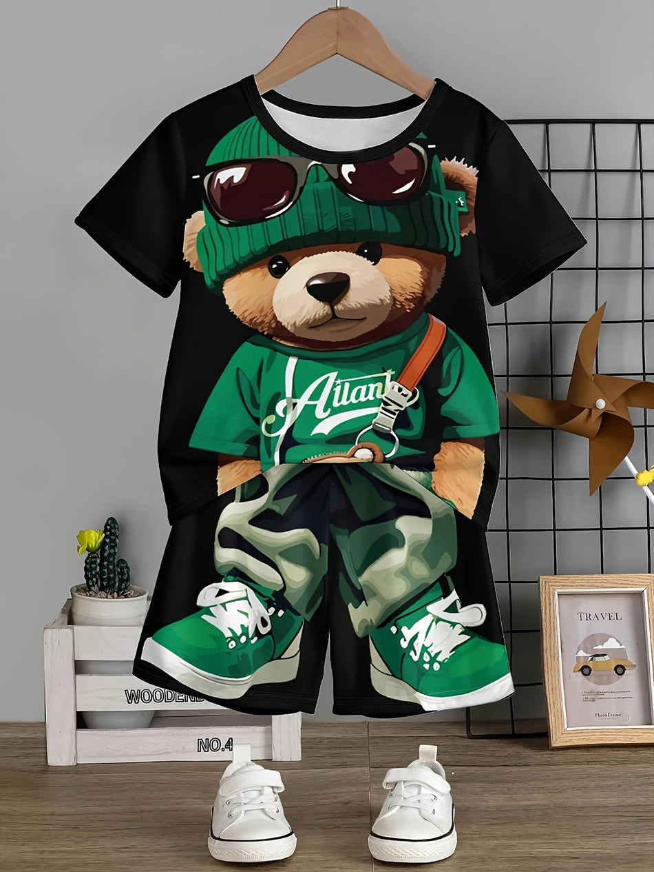 Jungen 2-teiliger Casual Co ord Set, Cool Bear Drucken vielseitiger Kurzarm-T-Shirt und Shorts, bequeme Sommerkleidung