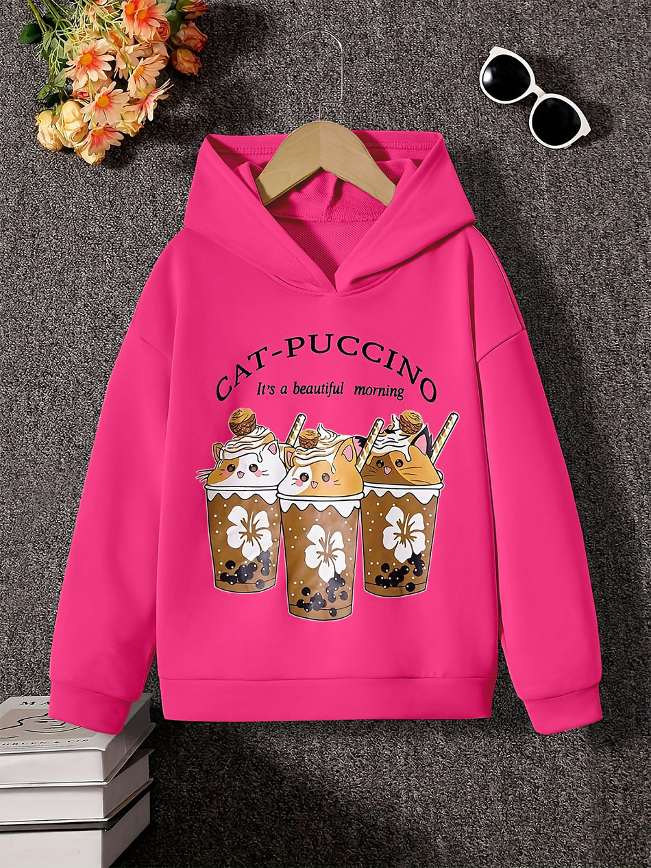 Kızlar Karikatür Kedi Puccino Graphic Hoodie - Sonbahar İçin Sevimli Çocuk Kazak - Hediye Fikri - Kıbrıs