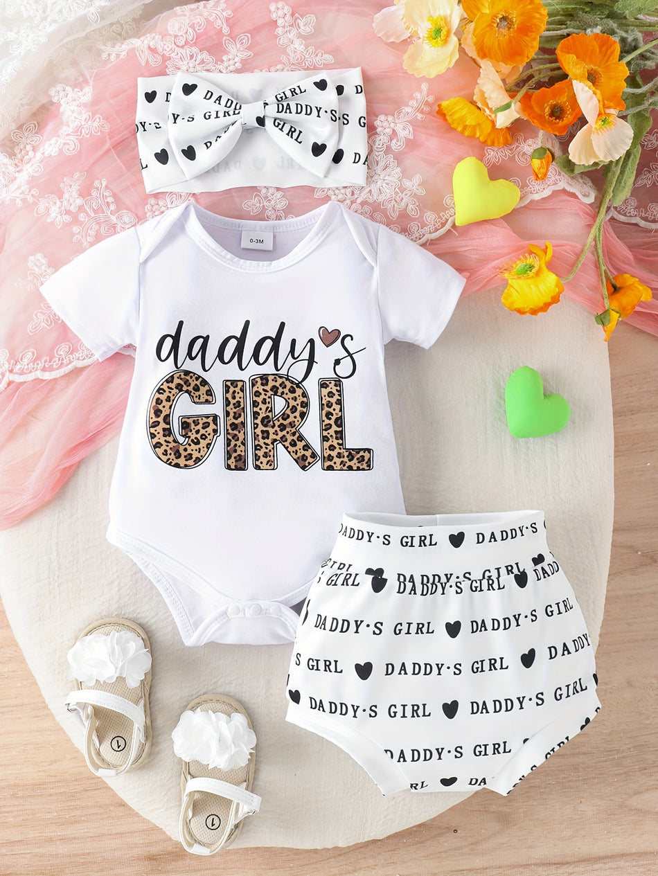 2pcs Baby Girl's Letter Leopard Print Short Sleeve Triangle Romper + Shorts With Headband Set