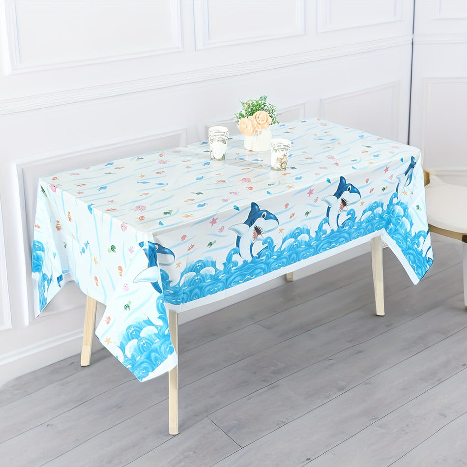 🔵 Köpekbalığı masa örtüsü partisi dekorasyonu - doğum günü bebek duş havuzu mavi deniz köpekbalığı tema parti malzemeleri için tek kullanımlık plastik dikdörtgen masa kapağı - Kıbrıs
