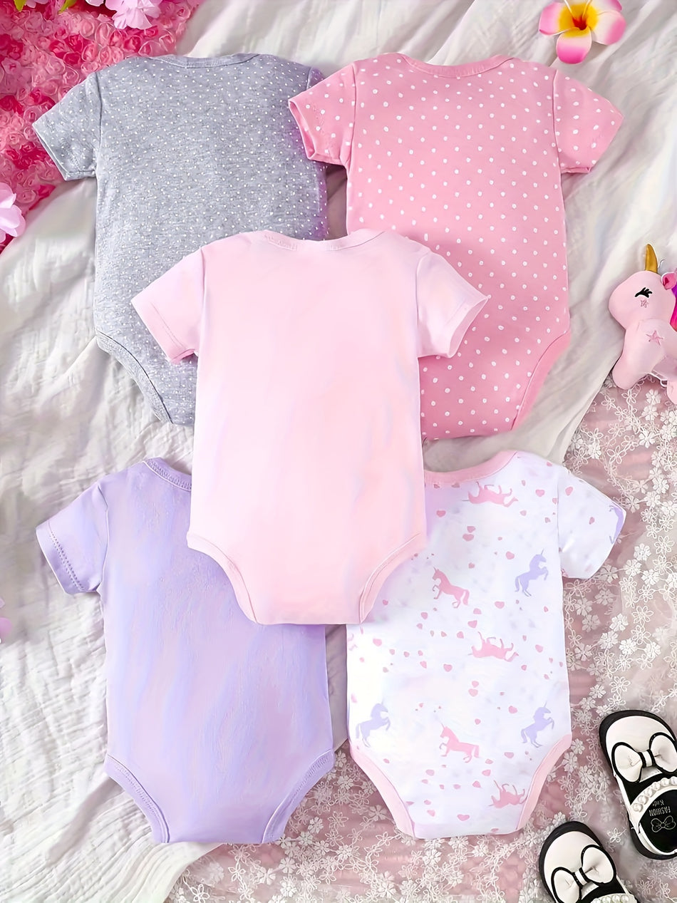 5pcs Baby's Comfy Cotton Short Sleeve Triangle Bodysuit, Unicorn & Bowknot & Letter & Polka Dots Pattern, Toddler & Infant Girl's Onesie Set For Summer