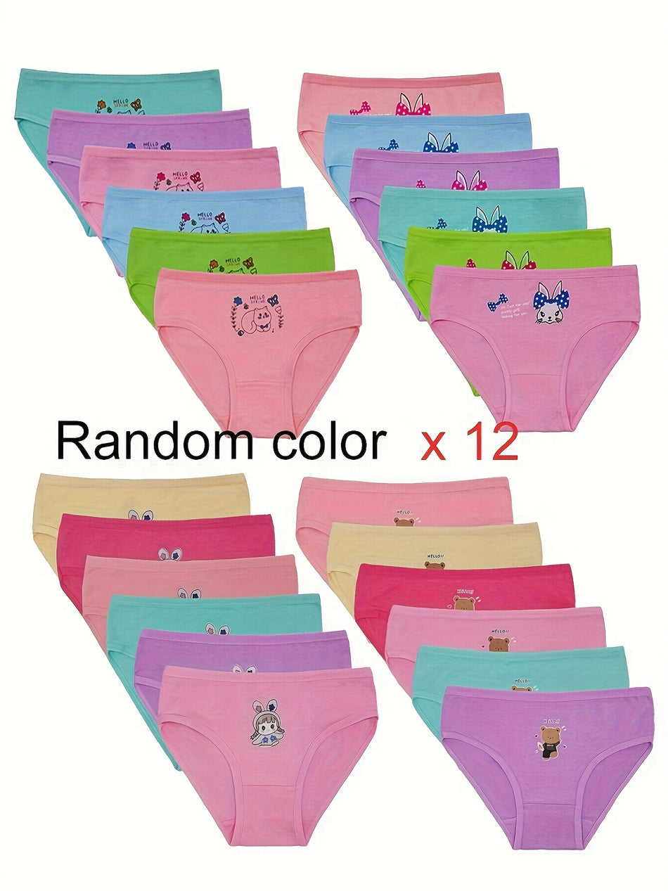 12pcs Girl's Sweet Cotton Briefs, Ditsy Floral Cartoon Pattern ⋅ Cyprus