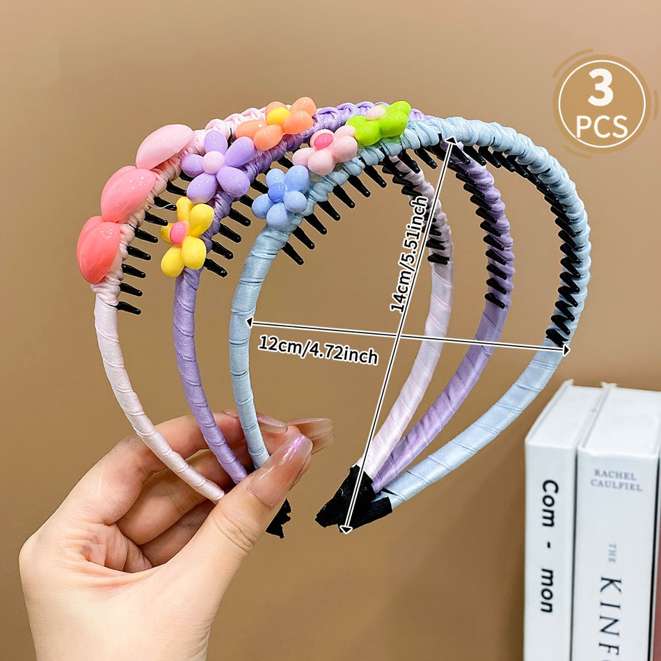 "3pcs Girls Hair Accessories, Colorful Heart Flower Non-slip Headbands - Cyprus"