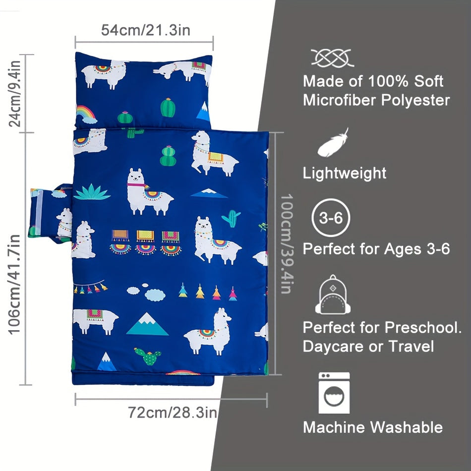 Beeweed Alpaca Print Toddler Nap Mat Set - Soft, Foldable Sleeping Bag With Pillow & Blanket