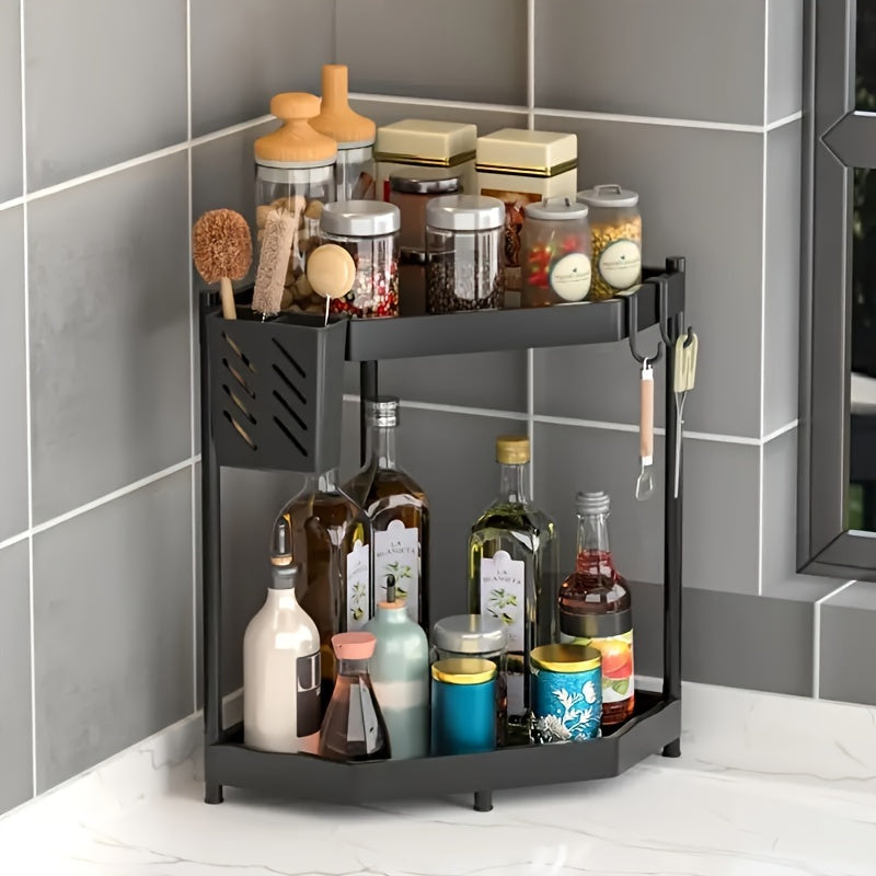 Dual-Tier Overhead Corner Storage Rack with Plastic Hooks for Kitchen and Bathroom