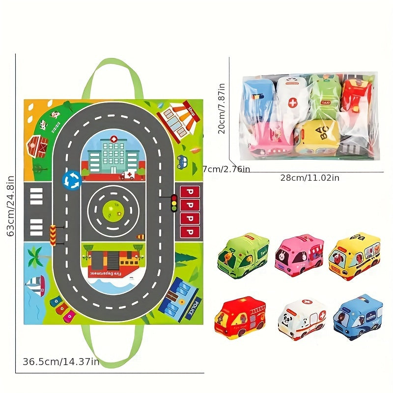 XLiKaa Soft Plush Baby Car Toy Set with Playmat and Sound Paper - Educational Vehicle Toy Collection for 0-3 Years Old - Cyprus