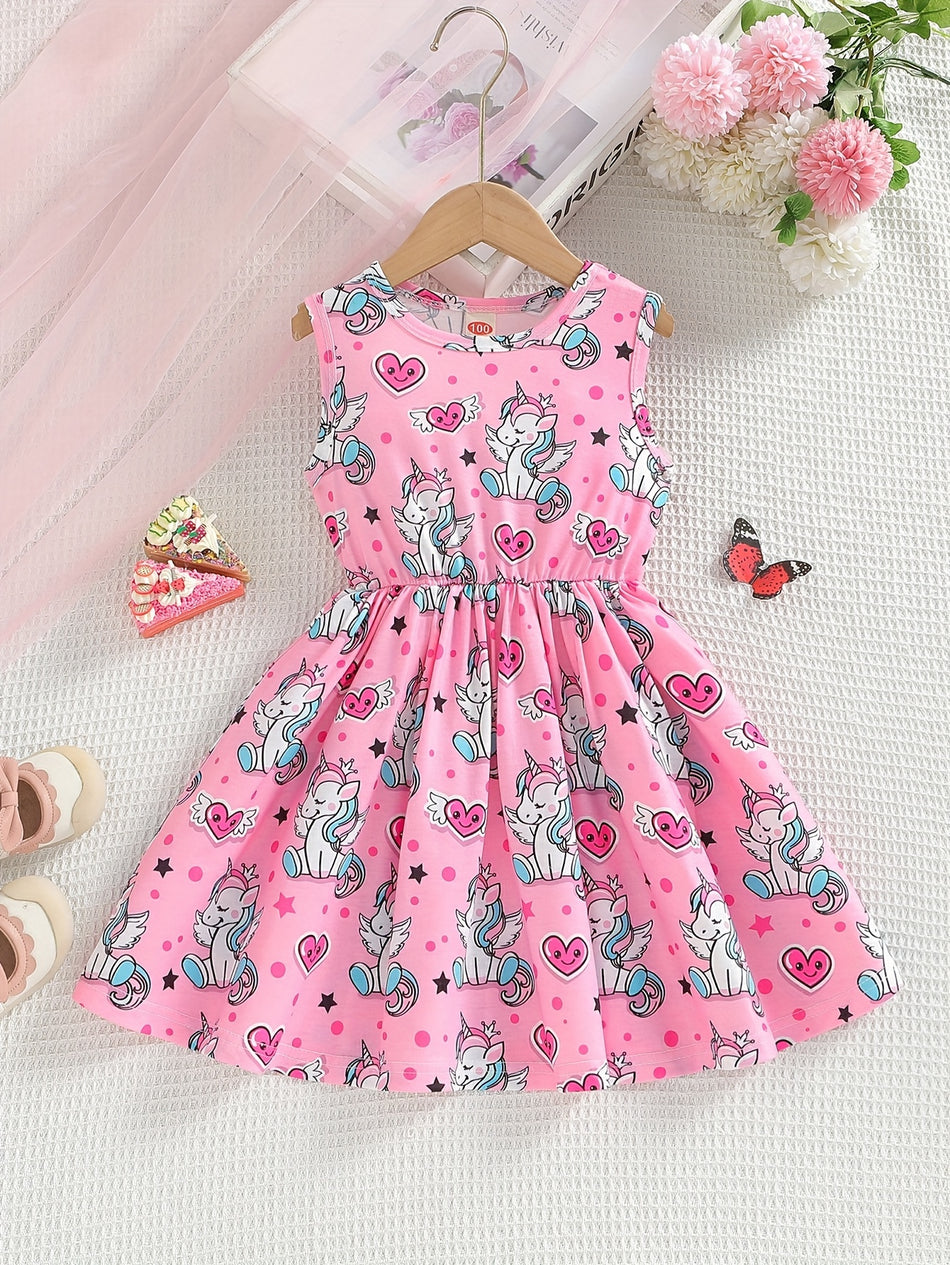 Unicorn Print Swings ärmelloses Kleid - Mädchen Urlaub A -Line Sunddress - Sommergeschenk - Zypern