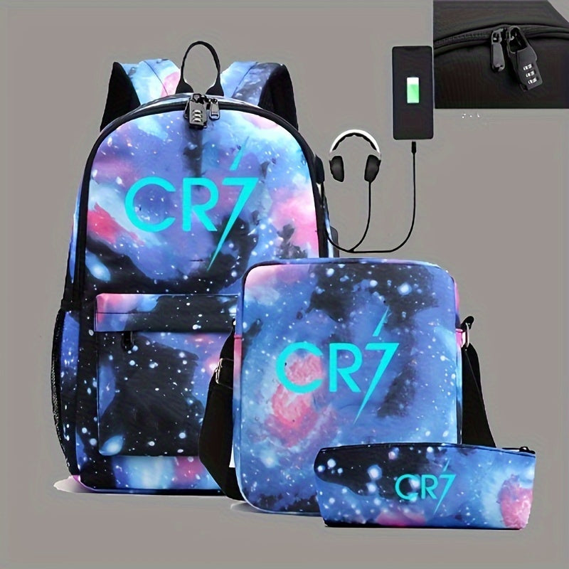 Glow-In-The-Dark Backpack Set With USB Charging Port & Crossbody Bag - For Students & Travel - Cyprus