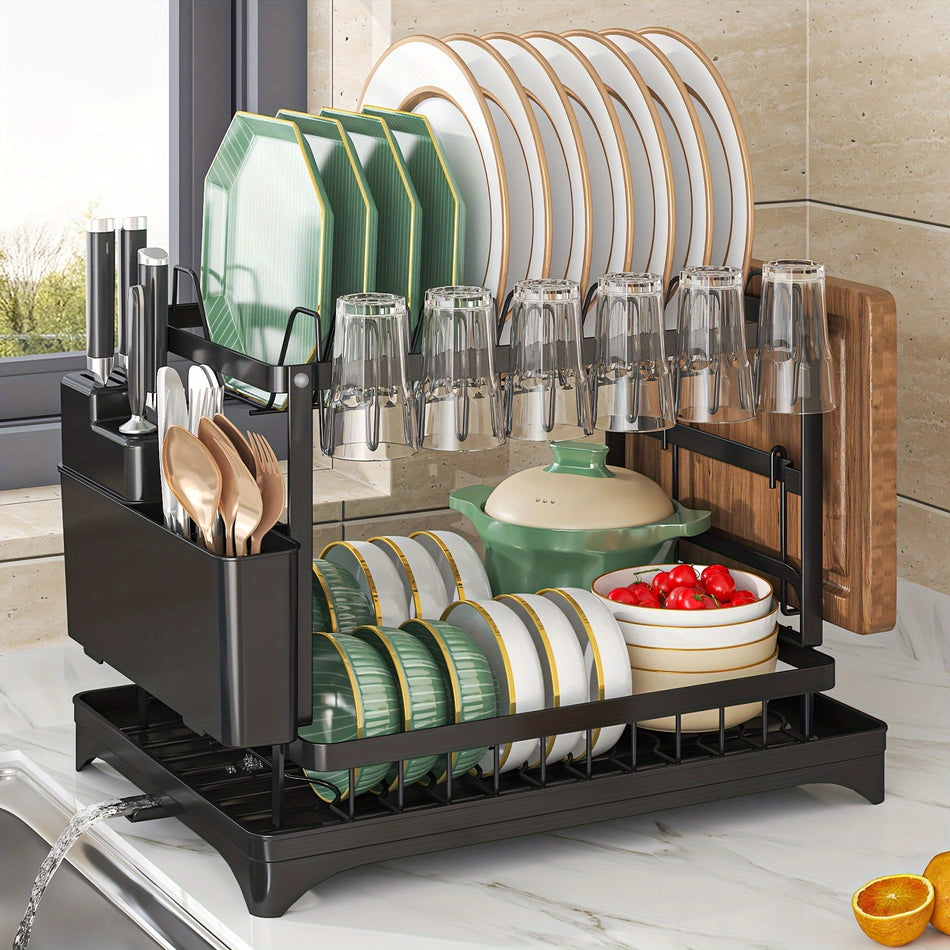 Innovative Double Layer Dish Drying Rack with Utensil Holders - Cyprus