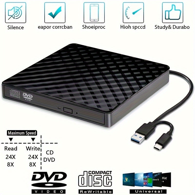 BIKILI Εξωτερική Μονάδα DVD USB 3.0 Φορητή - Συμβατός Οπτικός Δίσκος CD/DVD με Θύρα Type-C για Φορητό Υπολογιστή και Επιτραπέζιο Υπολογιστή 