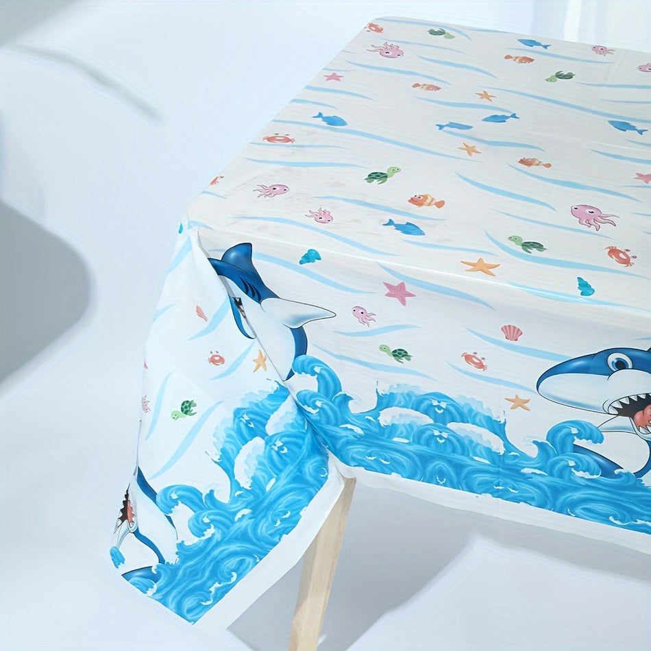 🔵 Köpekbalığı masa örtüsü partisi dekorasyonu - doğum günü bebek duş havuzu mavi deniz köpekbalığı tema parti malzemeleri için tek kullanımlık plastik dikdörtgen masa kapağı - Kıbrıs