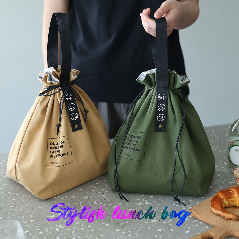 Insulated Canvas Lunch Bag with Drawstring Closure - Hand Washable Food Tote