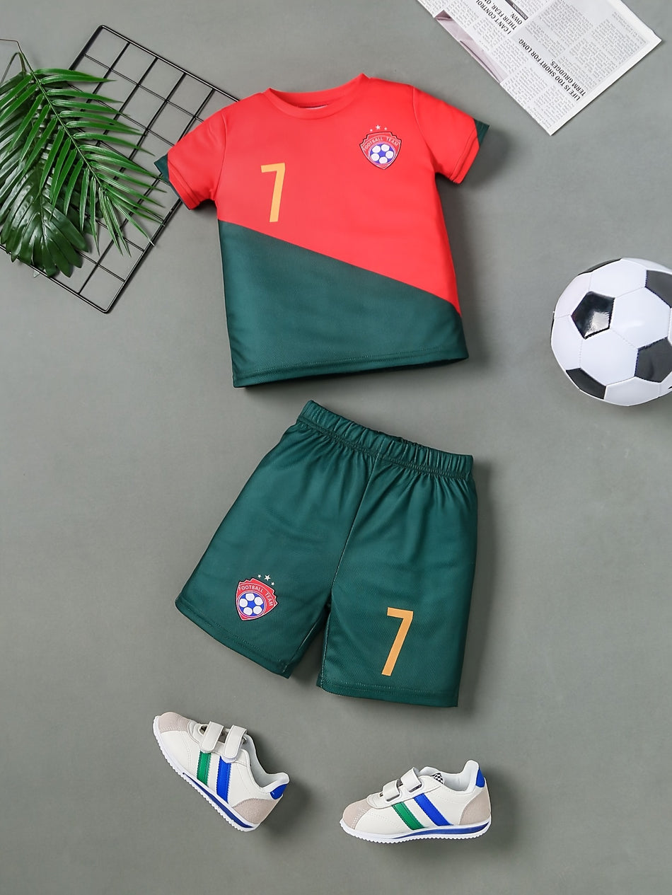 Boys 2-Piece Summer Sportswear Set, Quick-Dry Short Sleeve T-shirt & Shorts, Casual Soccer Outfit For Kids