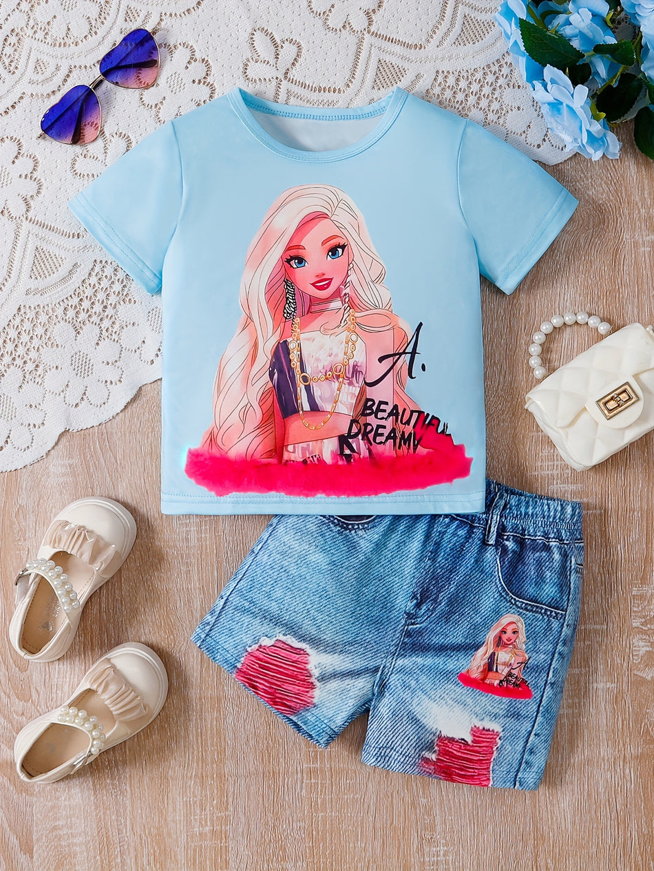 Cartoon Print Top + 3D Graphic Shorts Set - Cyprus