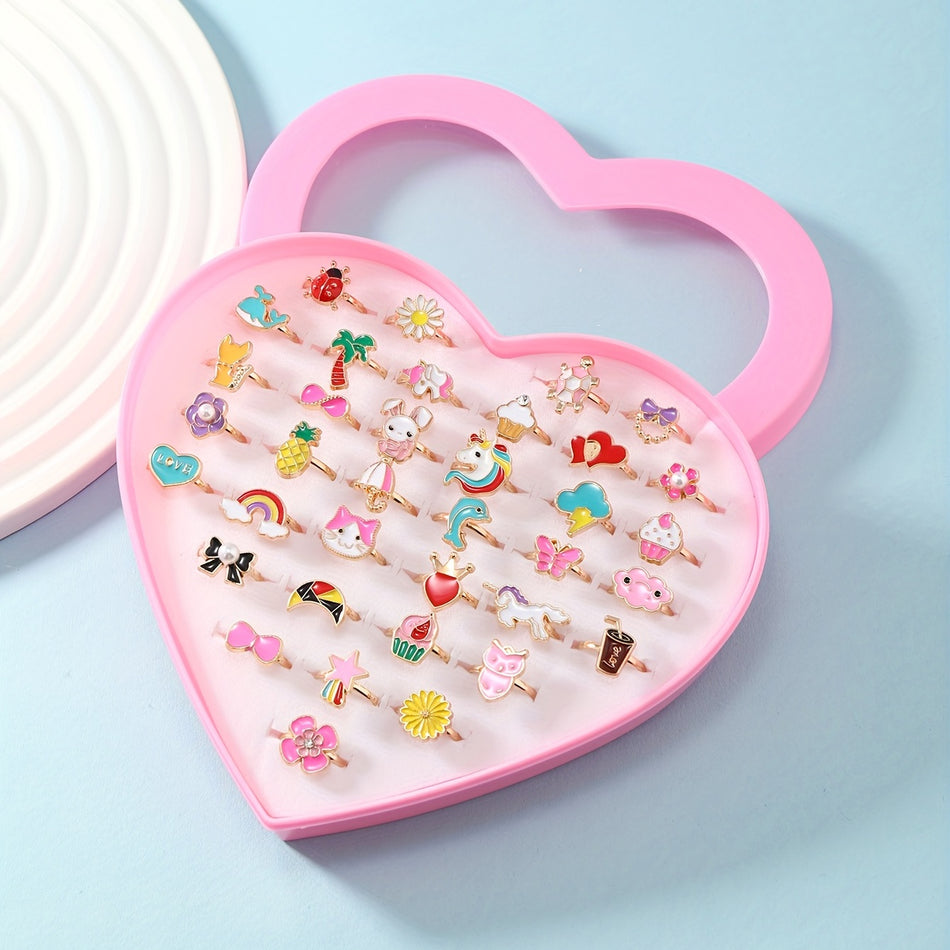 36 Pieces Colorful Assorted Shaped Enamel Alloy Ring Set, Alloy Girl Exquisite Ring Adjustable Heart Box Set, Ideal choice for Gifts