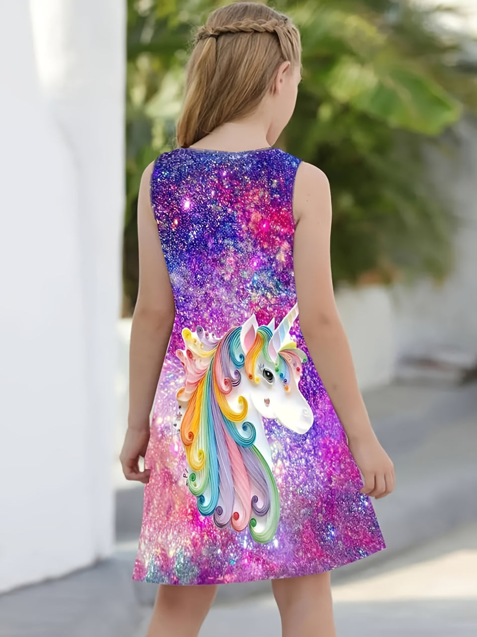 Rainbow Unicorn Baskı Kolsuz A -Line Sıradan Elbise Moda Kızlar İçin - Kıbrıs